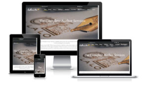 Responsive website design shown on different devices, including a desktop, laptop, tablet, and smartphone. The site reads "The Complete Author Services" and features a close-up image of a vintage fountain pen nib. Experience top-notch web design in Horsham that caters to all your author service needs.