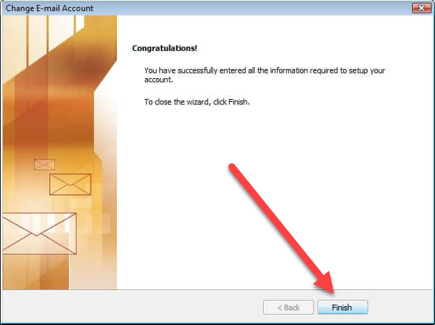 A screenshot of an email account setup completion page in a web design in Horsham project. The message reads, "Congratulations! You have successfully entered all the information required to setup your account. To close the wizard, click Finish." A red arrow points to the "Finish" button at the bottom.