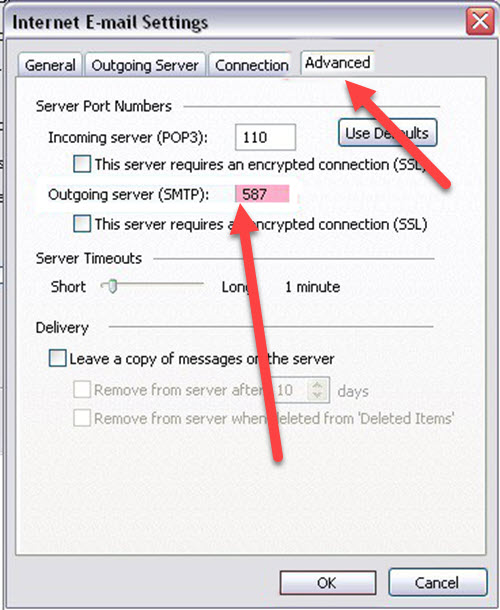 Screenshot of the Advanced tab in the Internet E-mail Settings window. There is a red arrow pointing to the Outgoing server (SMTP) port set to 587. Another red arrow highlights an unchecked box for "This server requires an encrypted connection (SSL)." Perfect for web design in Horsham contexts.