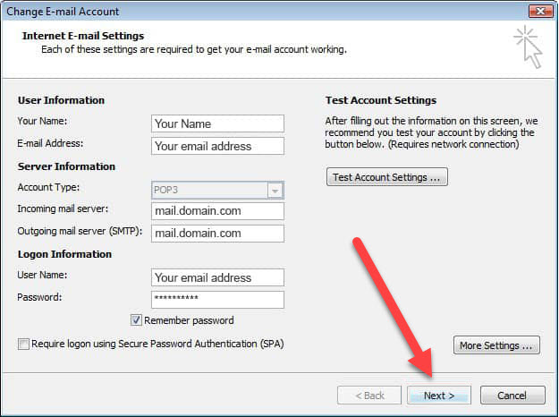 Screenshot of the "Change E-mail Account" window showing settings for Internet E-mail settings. The form includes User Information, Server Information, and Logon Information. A red arrow points to the "Next >" button at the bottom right corner, ideal for those managing their web design in Horsham.