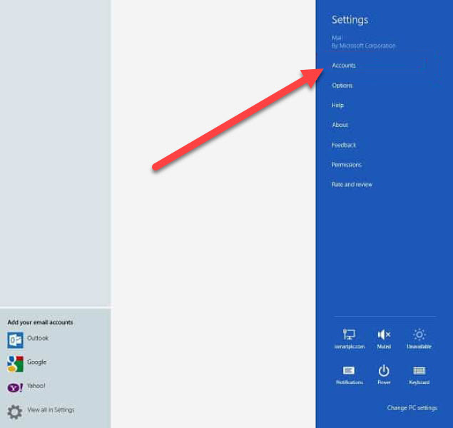A computer screen displays a mail settings menu. On the left, multiple email accounts such as Outlook, Google, Yahoo, and iCloud are listed. On the right, the settings pane is open with a red arrow pointing to the "Accounts" option, showcasing a sleek web design in Horsham.