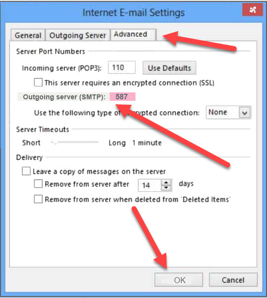 Screenshot of the advanced tab in Internet E-Mail Settings. Red arrows indicate areas of interest, such as outgoing server (SMTP) port set to 587 and the "OK" button in the lower right. Options like "Leave a copy on the server" and server timeouts are visible, crucial for web design troubleshooting in Horsham.