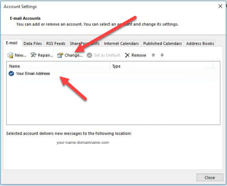 Screenshot of an Account Settings window for an email client, showcasing professional web design in Horsham. Two red arrows highlight the "Change" button and a sample email address listed under the "E-mail" tab: "your-name:domainname.com." A "Close" button is at the bottom right.