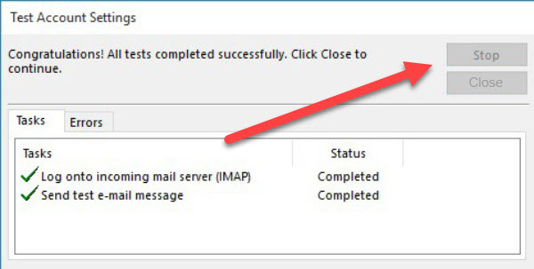 Screenshot of a Test Account Settings window from an email client. The message at the top reads, "Congratulations! All tests completed successfully. Click Close to continue." Below, two tasks show a status of "Completed." An arrow points to a greyed-out "Close" button. Inspired by web design in Horsham.