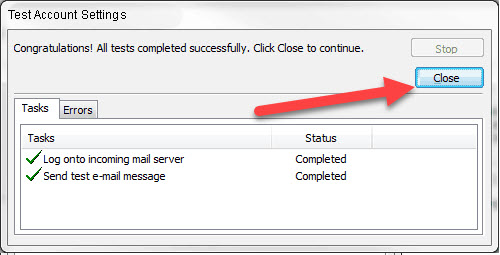 Screenshot of "Test Account Settings" window showing all tests completed successfully. Under "Tasks," two items, "Log onto incoming mail server" and "Send test e-mail message," are both marked as "Completed." A red arrow points to the "Close" button. Perfect for those managing web design in Horsham.