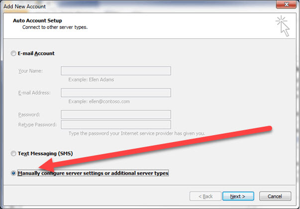 A screenshot of the "Add New Account" window in an email setup process is shown. An option for "Manually configure server settings or additional server types," highlighted by a red arrow pointing at the checkbox, is prominently displayed. The 'Next' button sits at the bottom right—a simple yet effective example of thoughtful web design in Horsham.