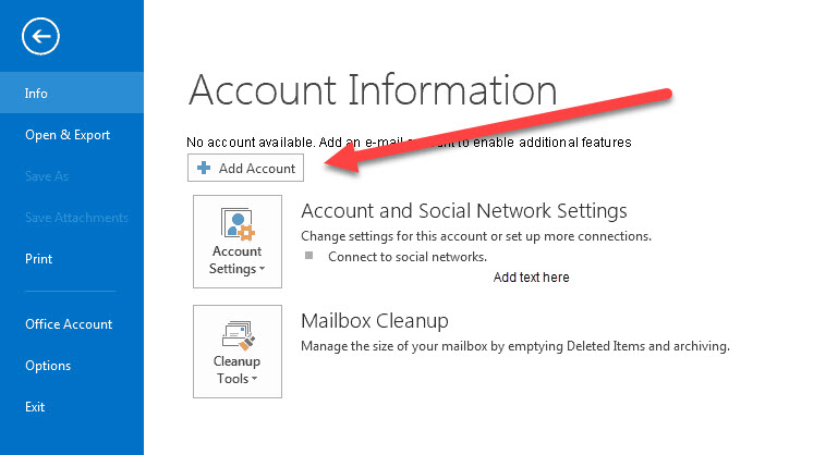 Screenshot of an email application interface showing the "Account Information" section. A large red arrow points to the "Add Account" button. Other options visible include "Account Settings," "Connect to social networks," and "Cleanup Tools." Professional web design in Horsham can enhance similar interfaces.