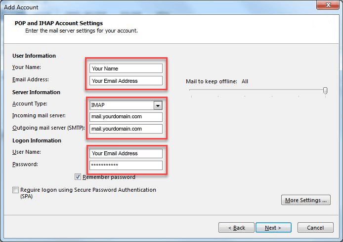 A screenshot of an account settings window for adding a new email account, crafted with modern web design in Horsham. Fields include User Information, Server Information, and Logon Information, featuring text fields for Name, Email Address, Incoming and Outgoing mail server, and Password.