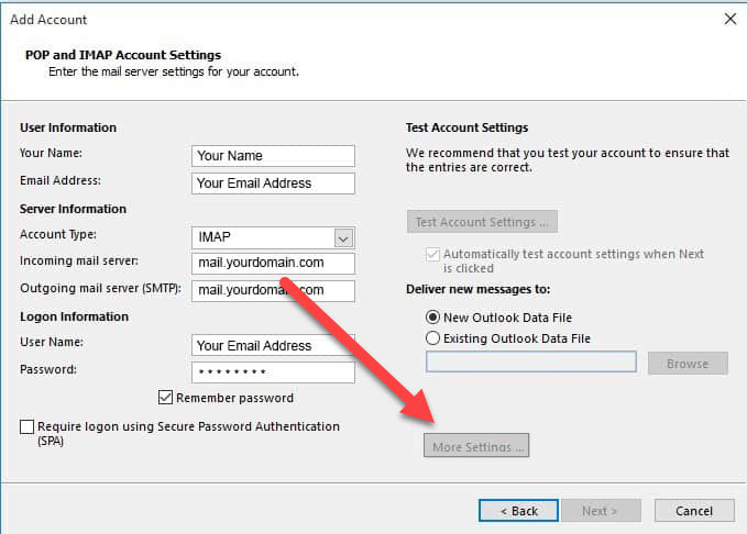 Screenshot of the "Add Account" window in an email client setup. It shows fields for user and server information, including email address, server type, and logon information. A red arrow points to the "More Settings" button at the bottom of the window—ideal for web design professionals in Horsham managing multiple accounts.