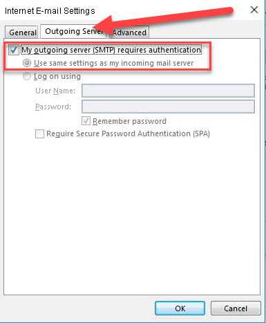 Screenshot of the "Internet E-mail Settings" dialog box in Microsoft Outlook. The "Outgoing Server" tab is selected, displaying options for server authentication. A red arrow points to the checked "My outgoing server (SMTP) requires authentication" checkbox—a useful feature for web design in Horsham studios.