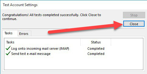 Screenshot of the "Test Account Settings" window showing that all tests completed successfully. A red arrow points to a "Close" button on the right. The "Tasks" tab is active, listing completed statuses for logging onto the incoming mail server and sending a test email, ideal for web design in Horsham professionals.