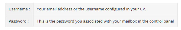 A table with two rows. The first row has "Username :" and "Your email address or the username configured in your CP." The second row, often used in web design in Horsham, has "Password :" and "This is the password you associated with your mailbox in the control panel."