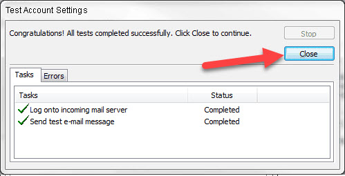 A "Test Account Settings" window showcases tasks for email settings verification. Both tasks, "Log onto incoming mail server" and "Send test e-mail message," are marked as "Completed." A red arrow points to a blue "Close" button in the top right corner, reflecting crisp web design aesthetics in Horsham.