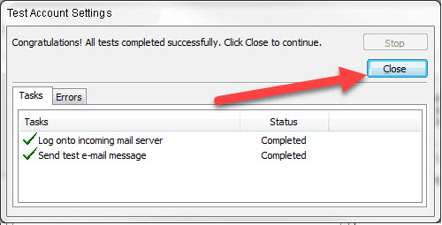 A screenshot of the "Test Account Settings" window, pertinent to web design in Horsham, shows two tabs: "Tasks" and "Errors." The Tasks tab is selected, listing "Log onto incoming mail server" and "Send test e-mail message," both with the status "Completed." A red arrow points to the "Close" button.