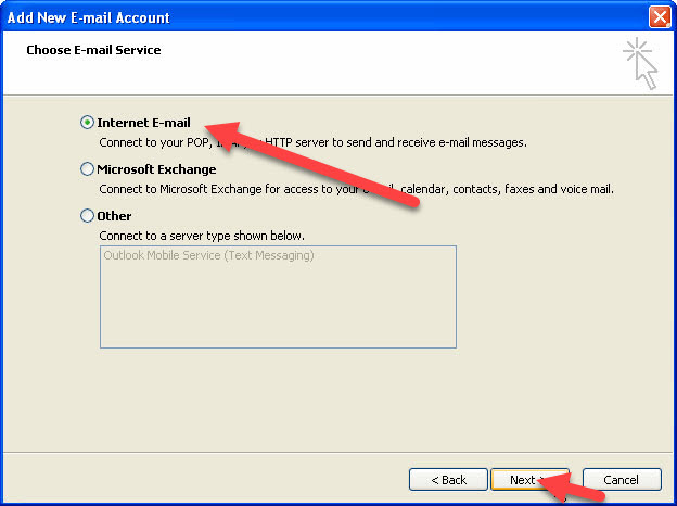 A screenshot of the "Add New E-mail Account" window in an email setup wizard, relevant to businesses focusing on web design in Horsham. "Internet E-mail" is selected with a red arrow pointing to this option, and another red arrow highlights the "Next" button at the bottom of the window.