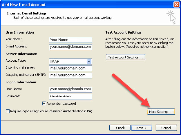 Screenshot of the "Add New E-mail Account" setup window in Outlook. It includes fields for Internet E-mail Settings and Test Account Settings. An arrow points to the "More Settings" button on the lower right. The "Next >" and "Back