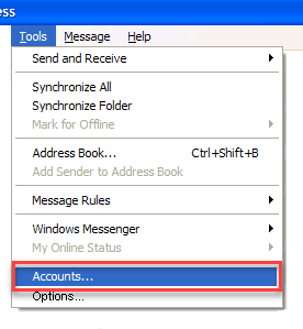 A screenshot of a dropdown Tools menu in an email client. The highlighted "Accounts..." option is at the bottom of the list, underlined with a red rectangle. Other menu items include "Send and Receive," "Synchronize All," "Address Book," and more, ideal for managing communications in web design projects around Horsham.