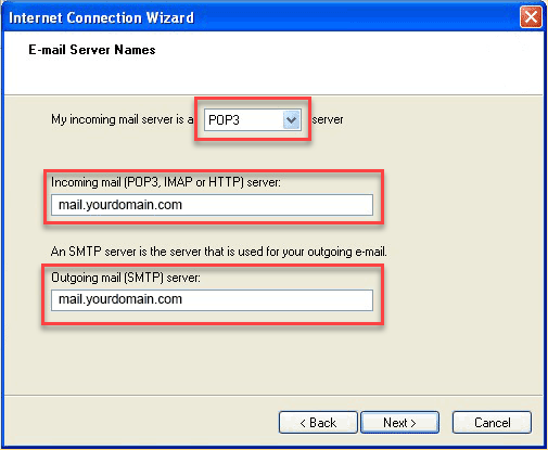 A screenshot of the Internet Connection Wizard showing settings for email server names, fine-tuned for web design in Horsham. The dropdown menu is set to POP3, with both incoming and outgoing mail server fields showing "mail.yourdomain.com". Two buttons labeled "Back" and "Next" are at the bottom.