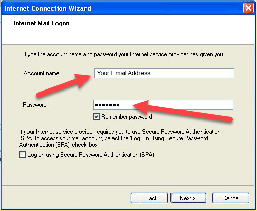 A screenshot of the Internet Connection Wizard's Internet Mail Logon screen, used in a web design project in Horsham. It prompts for account name and password, with red arrows pointing to these fields. Checkboxes for "Remember password" and "Log on using Secure Password Authentication (SPA)" are visible.