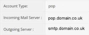 A table showing email server settings for a web design firm in Horsham. The "Account Type" is listed as "pop." The "Incoming Mail Server" is "pop.domain.co.uk" and the "Outgoing Server" is "smtp.domain.co.uk.