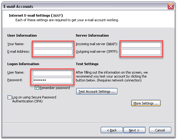 A setup window for Internet E-mail Settings (IMAP) is displayed, showcasing web design elements from Horsham. Fields for the user's name, e-mail address, incoming mail server, and outgoing mail server are shown. Logon information fields for username and password are highlighted. Options to test account settings and configure more settings are available. Checkboxes for remembering the password and requiring Secure Password Authentication (SPA
