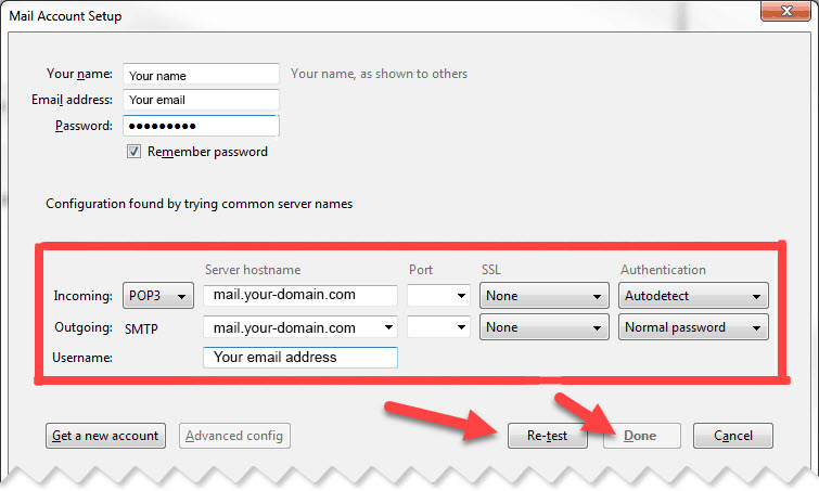 Screenshot of the Mail Account Setup window. The form fields include name, email address, password, server hostname, port, SSL, and authentication settings for both incoming (POP3) and outgoing (SMTP) mail servers. At the bottom are buttons for "Get a new account," "Advanced config," "Re-test," "Done," and "Cancel." Perfect example of web design in Hors