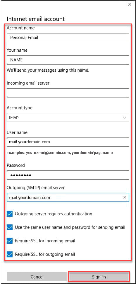 A screenshot of the "Internet email account" settings window, a common element in web design in Horsham. Fields include "Account name," "Your name," "Incoming email server," (IMAP), "E-mail address," "Password," and "Outgoing (SMTP) email server." Server authentication and SSL usage options are checked. At the bottom are “Cancel” and “Sign-in” buttons