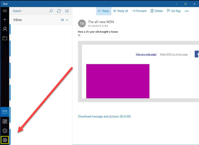 Screenshot of an email inbox, showing an open email titled "The all-new MSN" with a subject line "How a 25-year old bought a house." A red arrow points to the settings gear icon at the bottom left corner of the window, showcasing web design in Horsham.