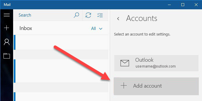 A screenshot of an email application highlighting the 'Accounts' section on the right, with a large red arrow pointing to the 'Add account' button at the bottom, just below an option to add an Outlook account. The inbox and search bar are visible on the left. Perfect for showcasing web design in Horsham.