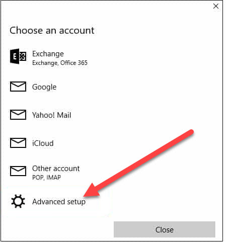 A "Choose an account" setup window displaying options for Exchange, Google, Yahoo! Mail, iCloud, Other account (POP, IMAP), and Advanced setup—highlighted by a red arrow—reflects the meticulous web design in Horsham. A “Close” button is at the bottom right of the window.