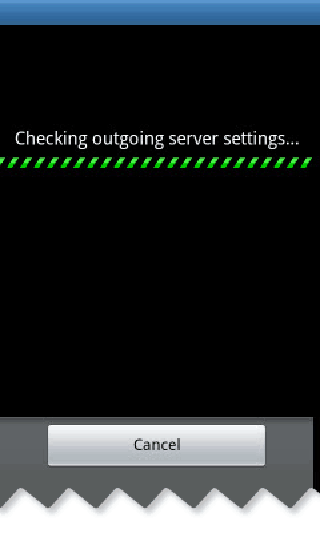 A phone screen displaying a message 'Checking outgoing server settings...' with a loading progress bar, designed with sleek web design in Horsham. There is a 'Cancel' button at the bottom.