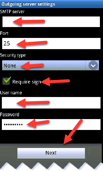 A screenshot of an email outgoing server settings menu, blending web design in Horsham with technical setup. Red arrows point to fields for SMTP server, port (set to 25), security type (set to None), a checkbox for "Require sign-in," and fields for user name and password. A “Next” button is at the bottom.