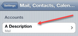 A screenshot of a mobile device's settings menu, focusing on the "Mail, Contacts, Calendars" section. A red arrow points to an account labeled "A Description" under Accounts, with a right-facing arrow indicating further options—a useful reference for web design in Horsham professionals.
