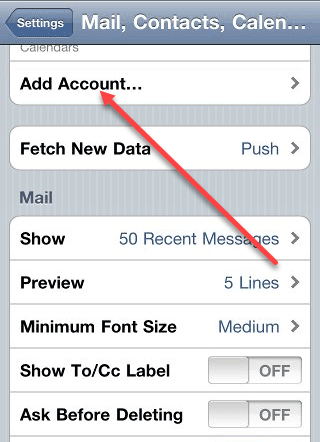 A screenshot of the "Mail, Contacts, Calendars" settings on an iPhone. A red arrow points to the "Add Account..." option at the top of the screen. Other options shown include "Fetch New Data," "Show 50 Recent Messages," and "Preview 5 Lines." Perfect for web design in Horsham tutorials.