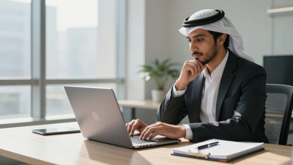 Business person looking at laptop, SEO costs guide
