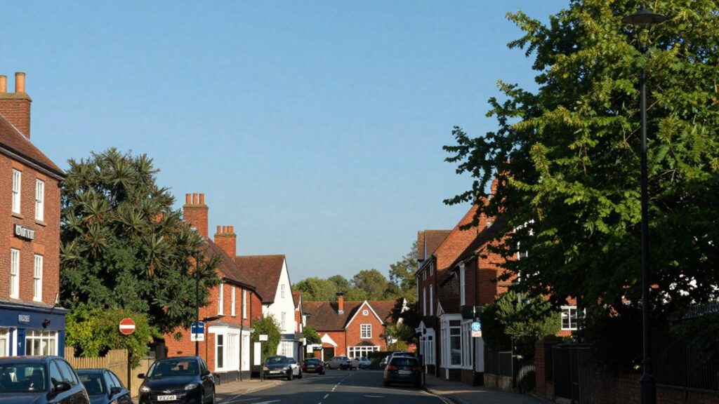 View of Crawley town centre with trees and blue sky.