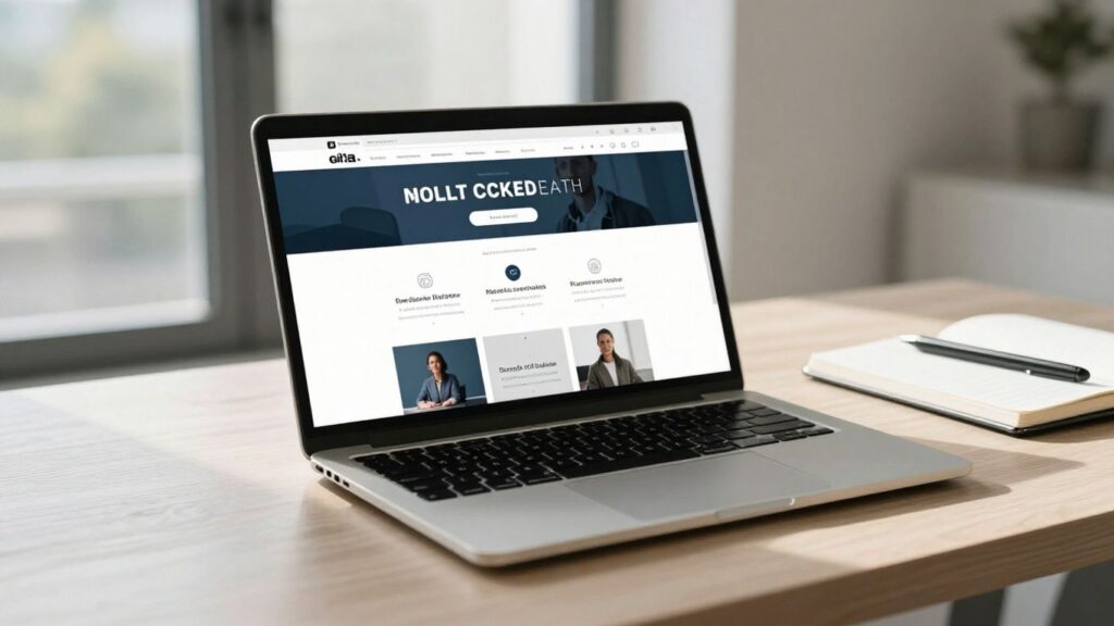 Modern workspace with laptop showing website design.