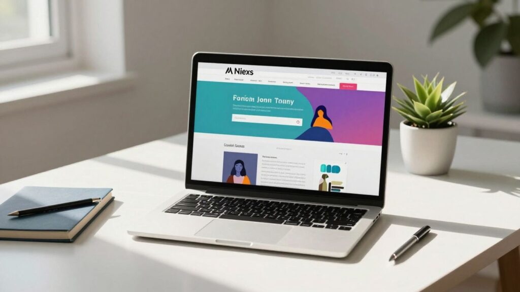 Laptop showing a colourful website design on a desk.
